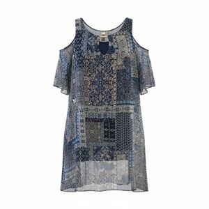 Tacera Womens Blue Patchwork Print Cold-Shoulder Top M Polyester